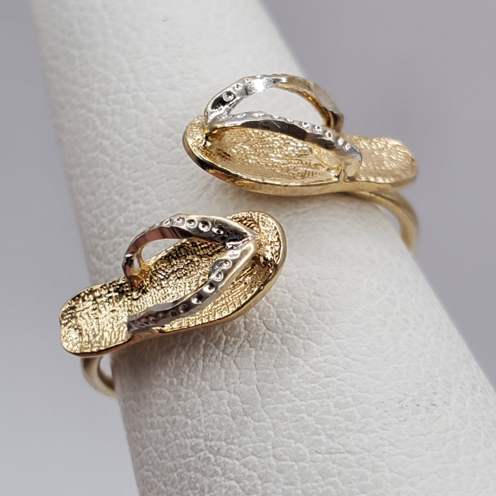 10k Solid Yellow & White Gold Double Flip Flip Beach Sandal Ring - Picture 3 of 8